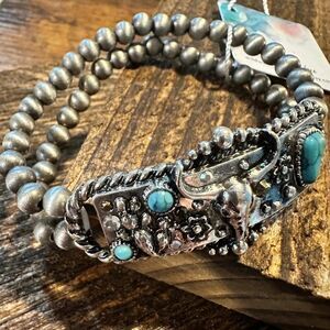 Handcrafted Boho Rodeo Bracelet, Western Navajo Rhinestone Turquoise Stretch Br